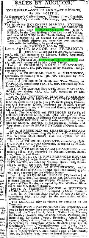 Sale notice of Grimthorpe Manor in 1795